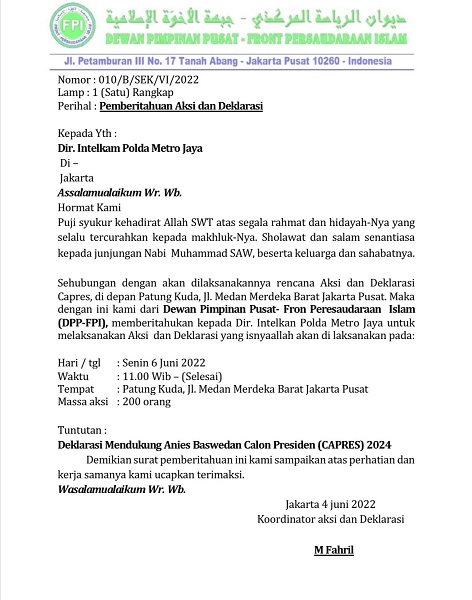 Belum Dapat Kepastian Tiket Maju di Pilpres 2024 oleh Parpol, Beredar Undangan Aksi FPI Deklarasi Dukung Anies Capres 2024