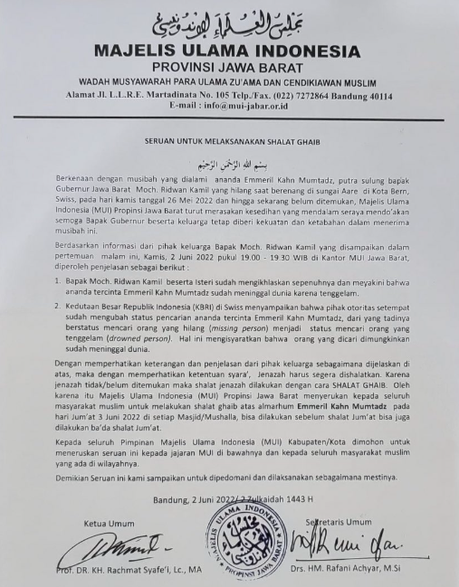 MUI Serukan Umat Islam Gelar Shalat Ghaib untuk Emmeril Khan Mumtadz