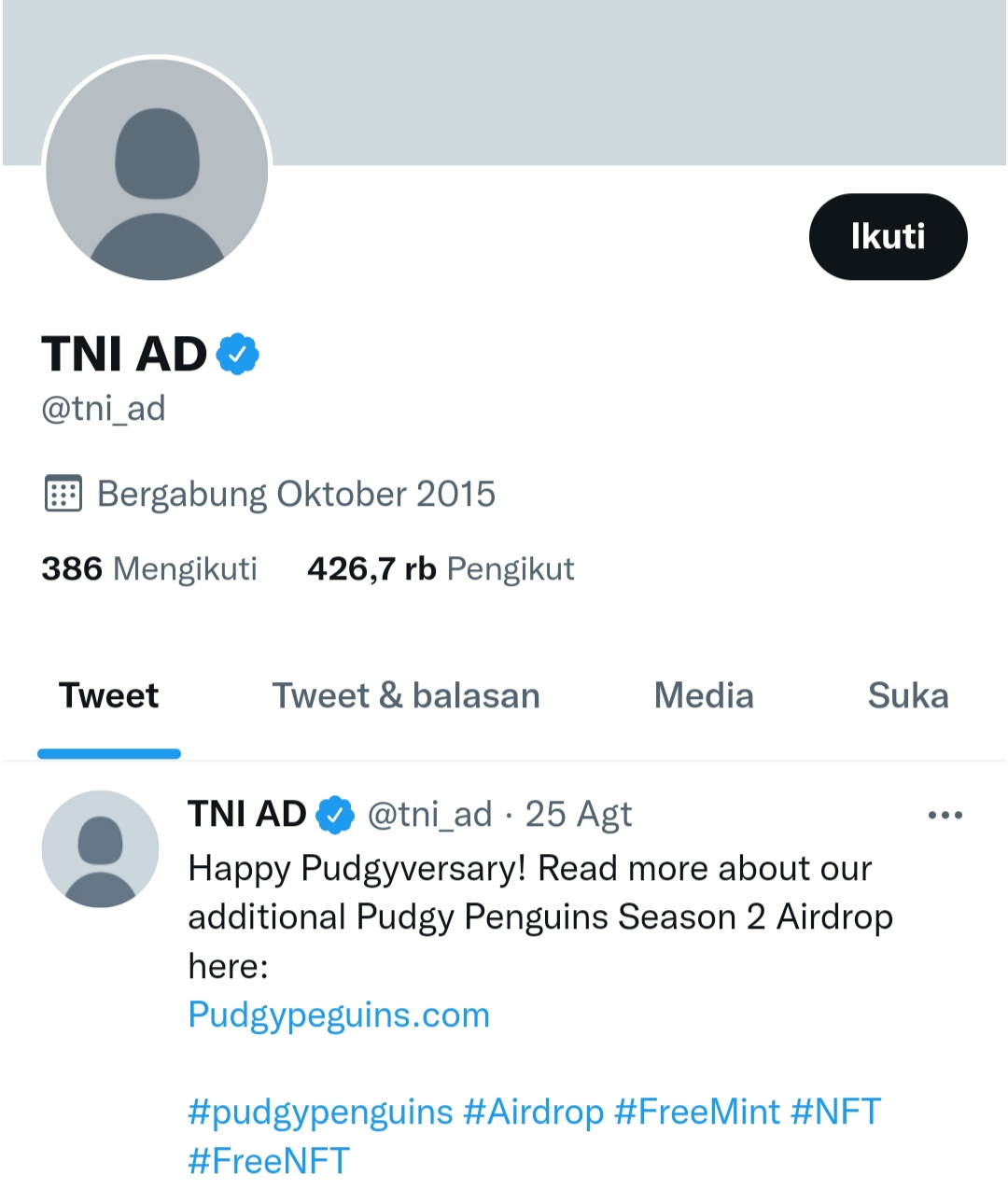 Akun Twitter Resmi Milik TNI AD Diretas, Muncul Gambar “Pudgy Penguins”