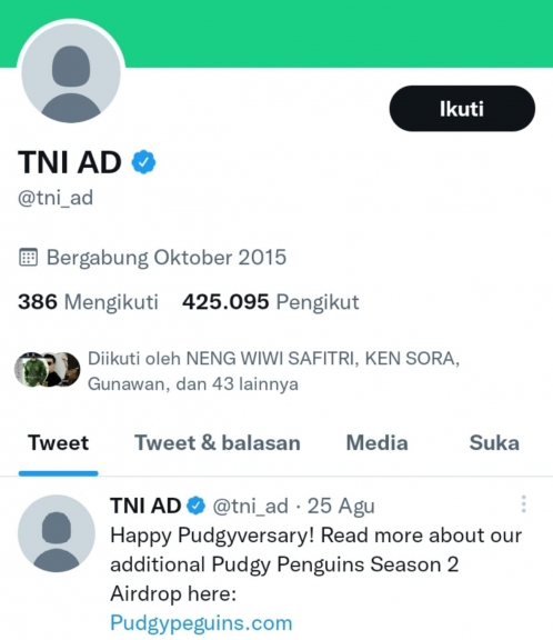 Akun Twitter Resmi TNI AD Dibajak Pinguin