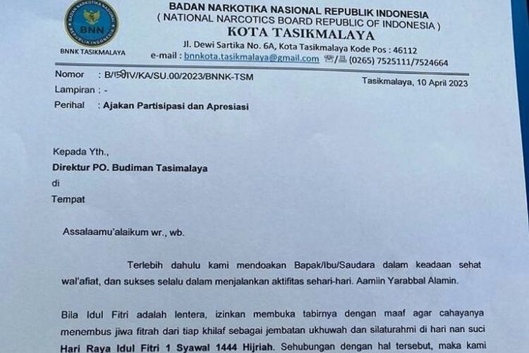 Beredar Surat Minta THR, Kepala BNN Tasikmalaya: Itu Kesalahan dari Kami