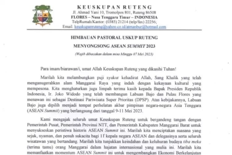 Keuskupan Ruteng Imbau Umat Sukseskan KTT Asean Summit 2023 ! Umat Katolik Diminta Ciptakan Suasana Menyejukkan
