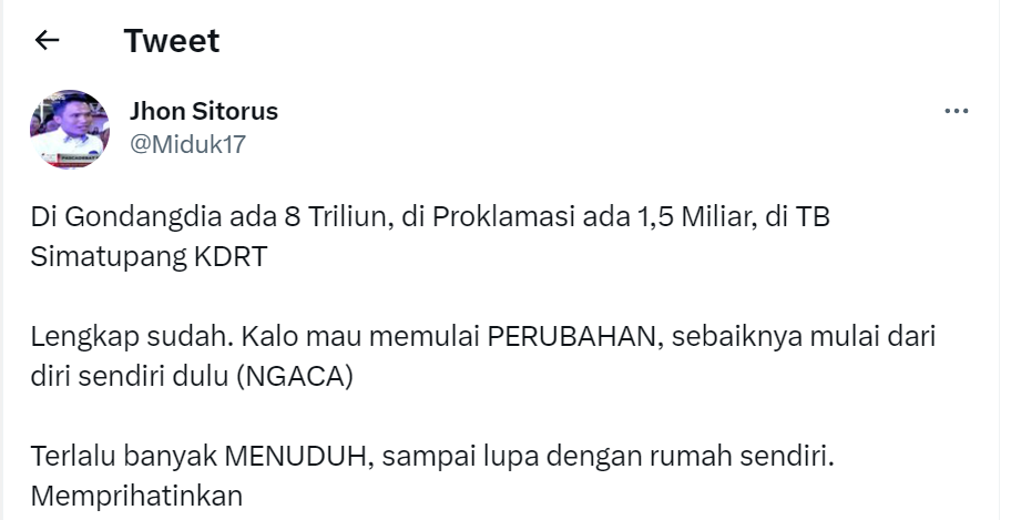 Paket Lengkap! TB Simatupang Ada KDRT, Gondangdia Rp8 T, Proklamasi Rp1,5M