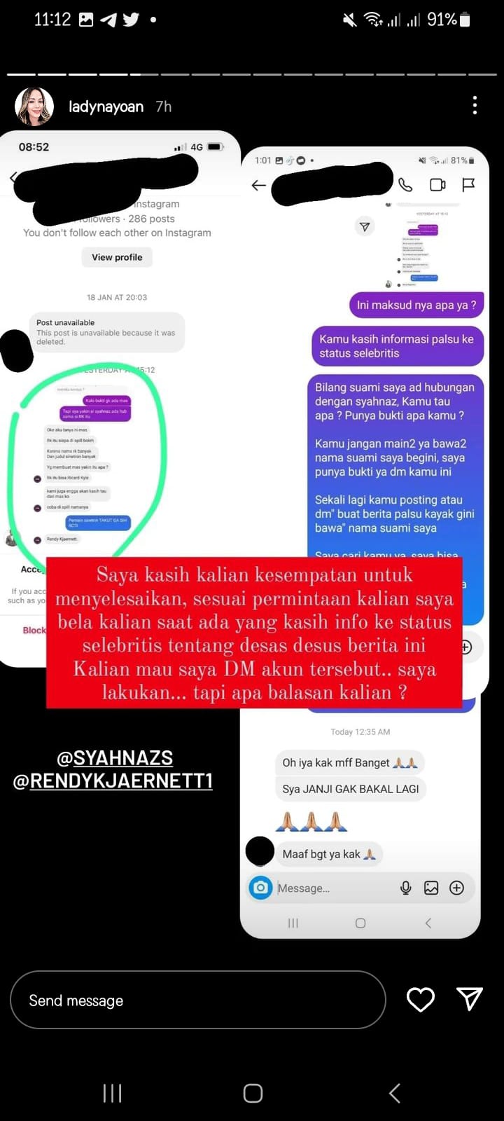 Kumpulan Chat Syahnaz Sadiqah Adik Raffi Ahmad yang Diduga Selingkuh dengan Aktor FTV Rendy Kjaernett