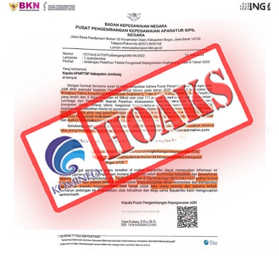Hoaks Surat Undangan Pelatihan Teknis Fungsional Atas Nama Pusbangpeg ASN BKN Beredar, Waspada Penipuan!