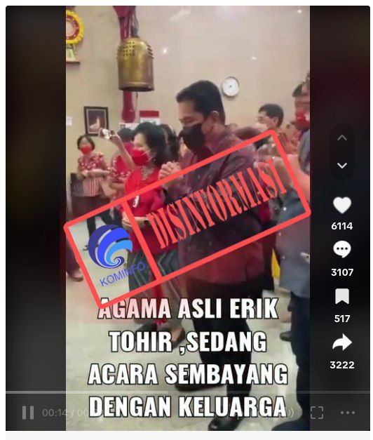 Heboh Erick Thohir Sembahyang di Wihara Dipastikan Hoaks