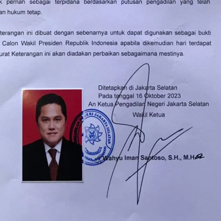 Kuncian Cawapres Prabowo Akhirnya Terkuak: Viral Surat Catatan Bebas Pidana Erick Thohir