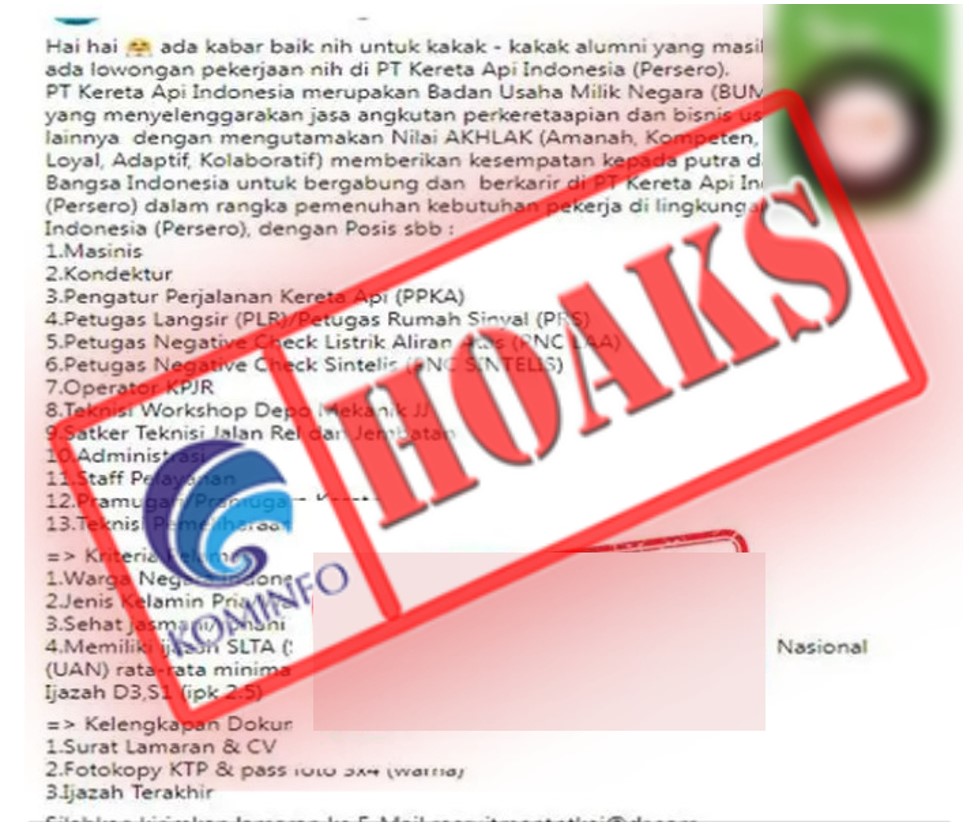 Waspada Penipuan, KAI Tak Pernah Jalankan Rekrutmen Lewat Media Surat Edaran