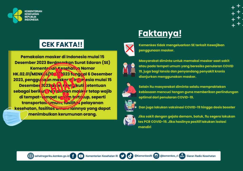 Hoaks Kemenkes RI Wajibkan Penggunaan Masker Kembali