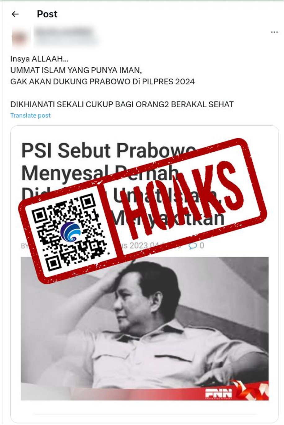 Hoaks Prabowo Menyesal Pernah Didukung Umat Islam