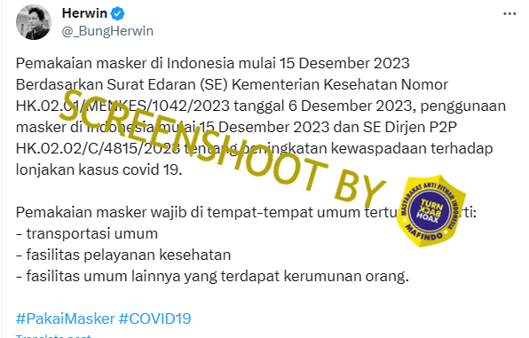 Hoaks Kemenkes Wajibkan Kembali Pakai Masker Sejak Kasus Covid-19 Melonjak