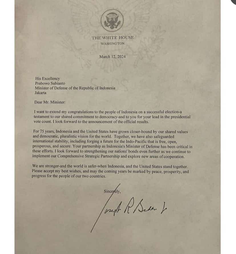 Presiden AS Joe Biden Beri Ucapan Selamat ke Prabowo Subianto