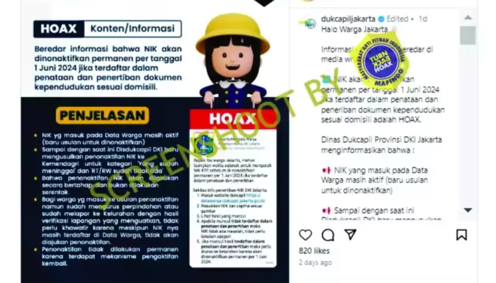 Hoaks NIK KTP Jakarta Akan Dinonaktifkan 1 Juni 2024