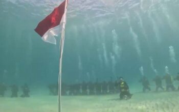 HUT RI ke-79, Polairud Polda Sultra Kibarkan Sang Merah Putih di Dasar Laut