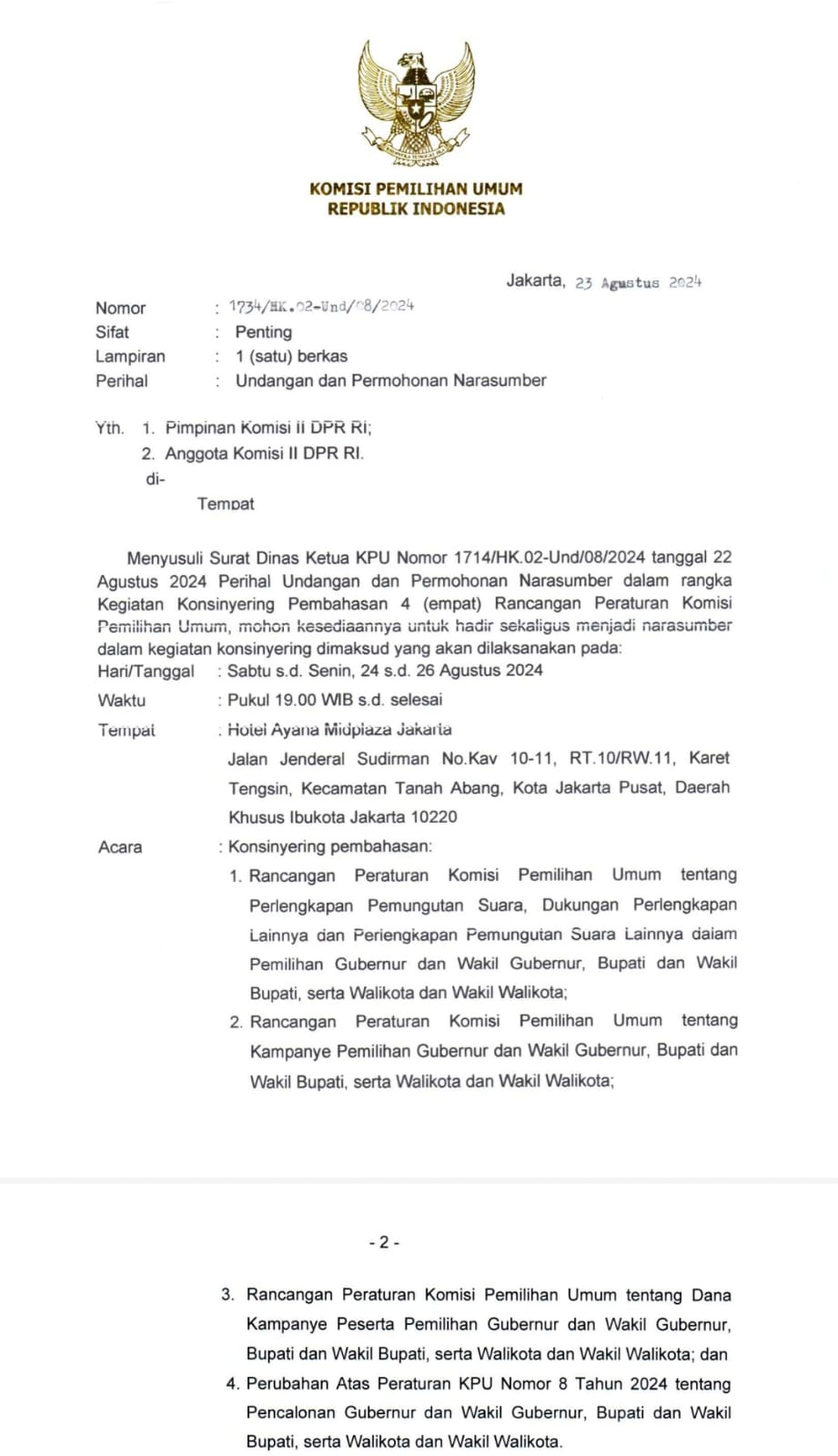 KPU Undang Pimpinan & Anggota Komisi II di Rapat Konsinyering Pembahasan 4 Rancangan PKPU sesuai Putusan MK No. 60 & 70