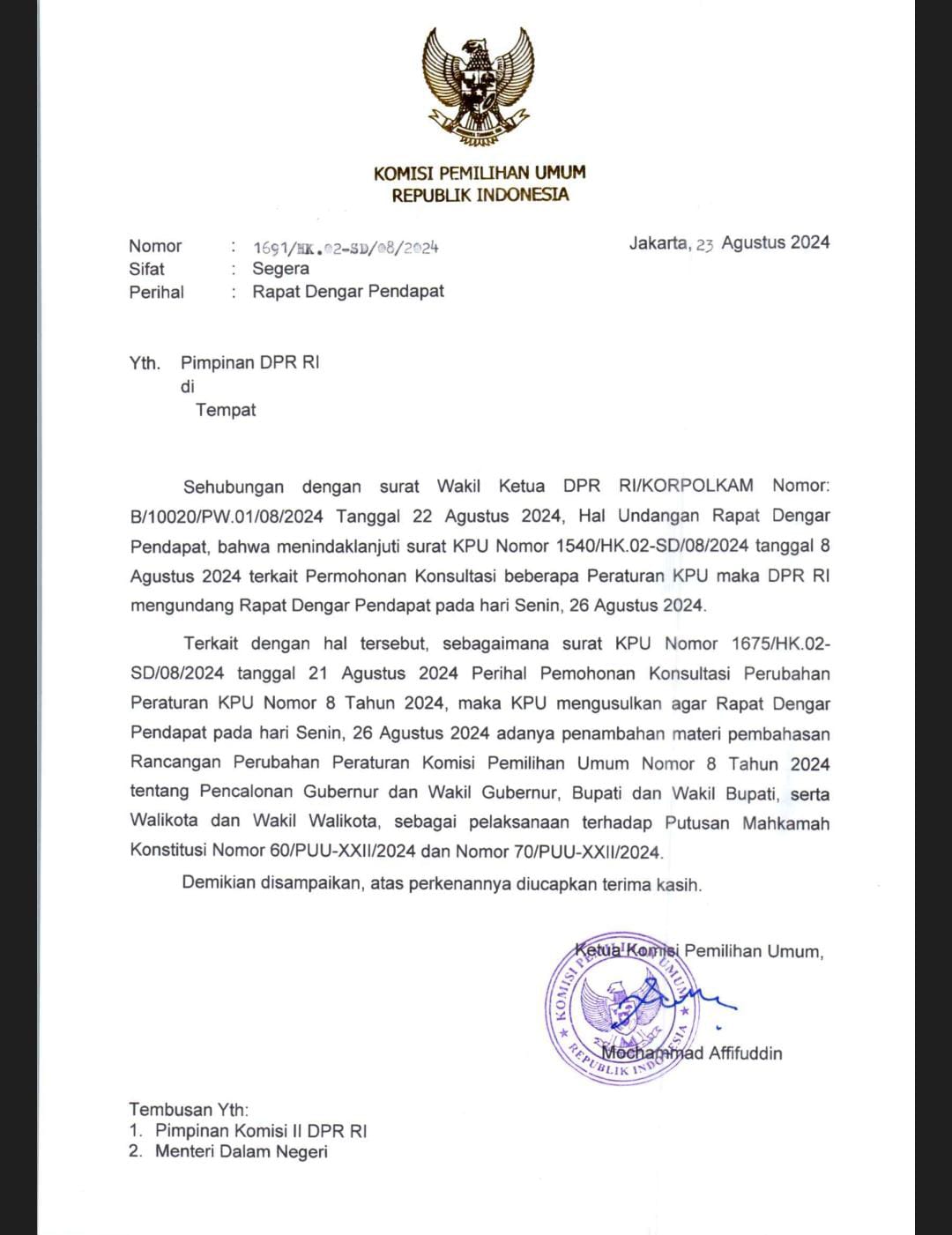 DPR Undang KPU, BAWASLU, DKPP & Kemendagri untuk RDP bahas Rancangan PKPU Pasca Putusan MK 60 & 70