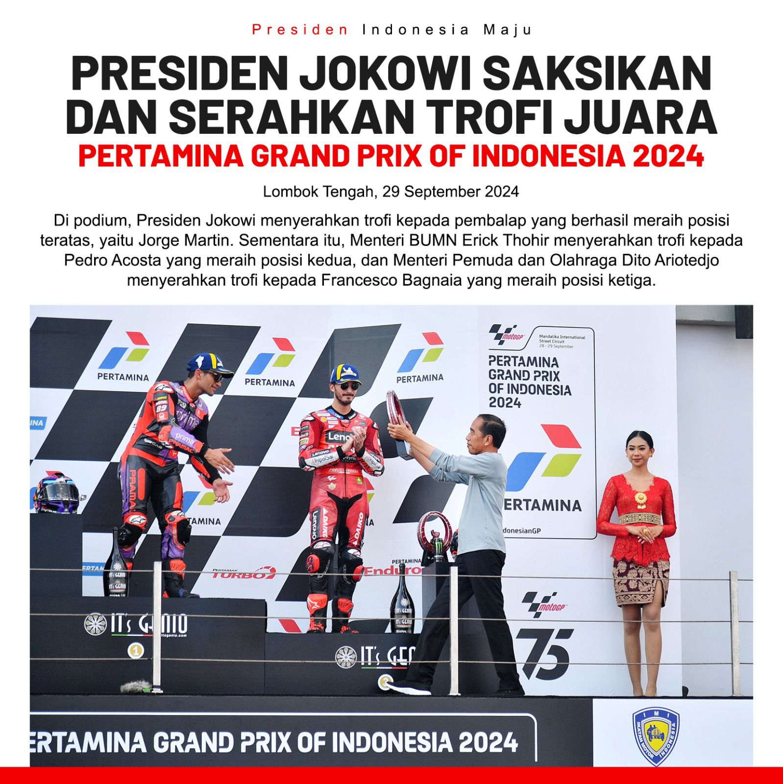 Jokowi Hadir di Pertamina Grand Prix of Indonesia, Serahkan Trofi untuk Para Juara