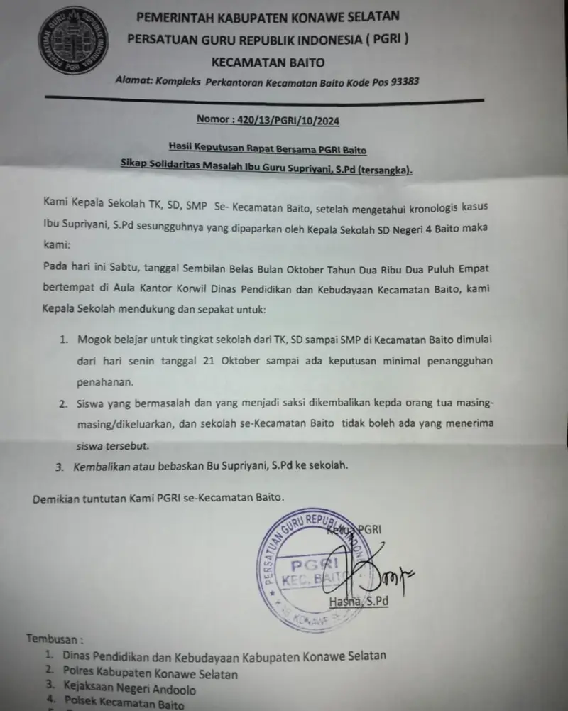 KPAD Konsel Buka Suara soal Edaran Sikap PGRI Baito di Kasus Supriyani