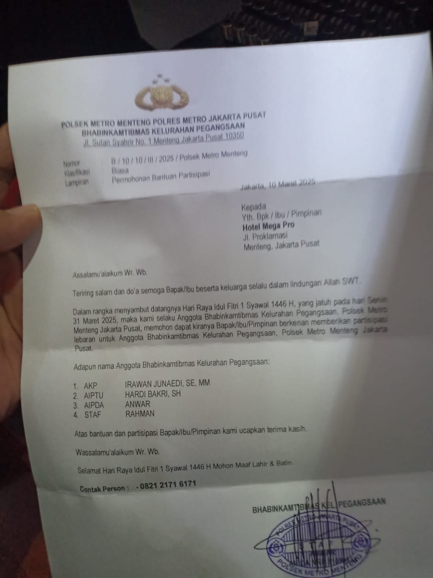 Surat Permintaan Bantuan oleh Anggota Polsek Menteng Dipastikan Hoaks