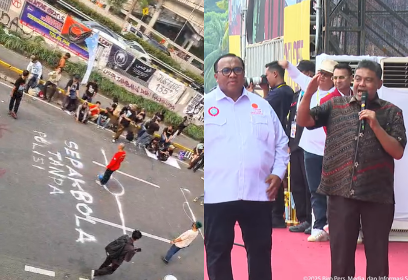 Kiri Aksi di DPR oleh Gebrak, Kanan Aksi May Day di Monas