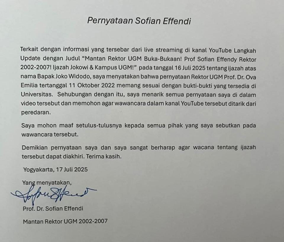 Tarik Ucapan soal Ijazah Jokowi Palsu, Mantan Rektor UGM Sampaikan Permohonan Maaf