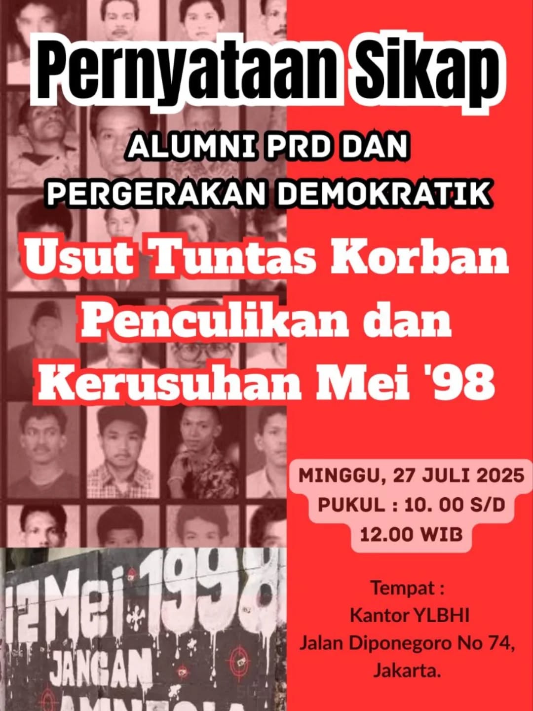 Forum Alumni PRD dan Tokoh Pergerakan Gelar Konferensi Pers Tuntut Penuntasan Kasus Penculikan dan Pemerkosaan Mei 1998