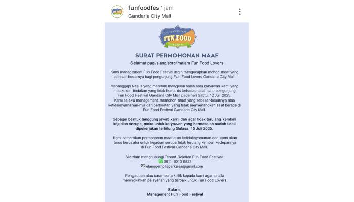 Fun Food Festival Gandaria City Minta Maaf dan Pecat Pegawainya Usai Viral Usir Ibu Hamil