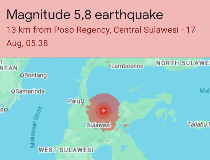 Gempa 5,8 Magnitudo Guncang Poso Sulawesi Tengah