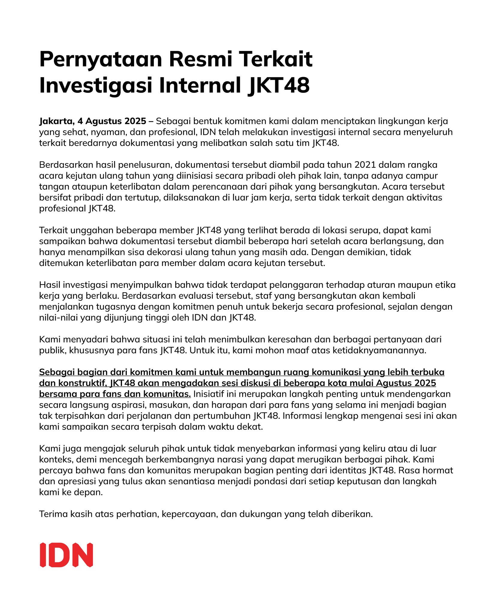 Fritz Fernandez Terbukti Tak Bersalah, JKT48 Persilakan Bekerja Lagi Surat JKT48