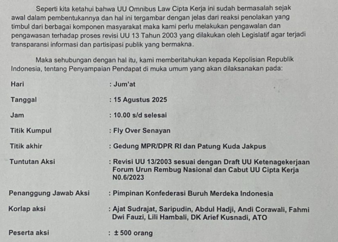 KBMI Gelar Aksi pada 15 Agustus 2025, Tuntut Revisi UU Ketenagakerjaan & Cabut Omnibus Law Cipta Kerja