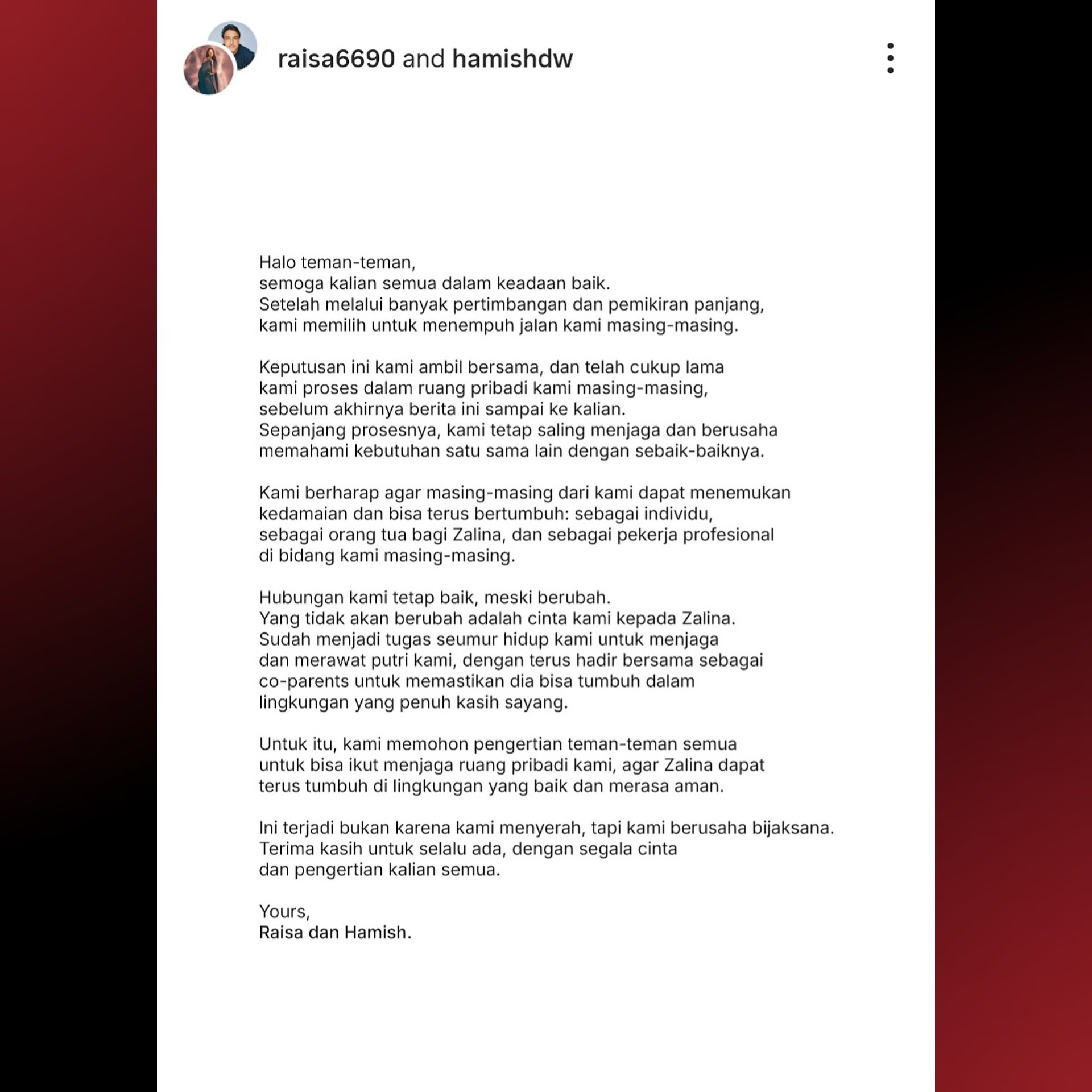 Raisa dan Hamish Umumkan Kabar Perceraian Mereka Pernyataan Sikap Bersama Raisa dan Hamish