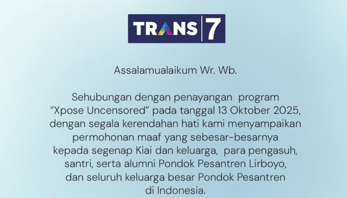 Trans 7 Putuskan Kerja Sama PH Usai Bikin Konten Rendahkan Pesantren