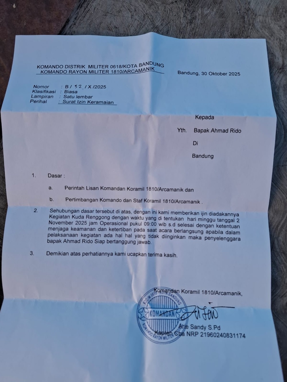 Surat Izin Keramaian oleh Koramil Arcamanik