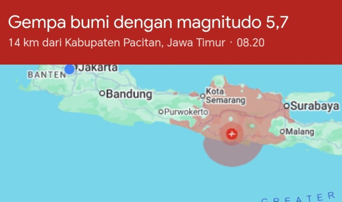 Gempa M 5,7 Guncang Pacitan, Terasa hingga Bali