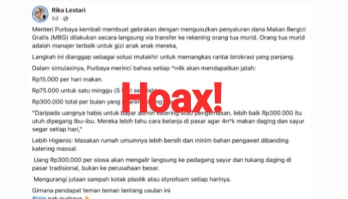 Hoaks: Menkeu Purbaya Bakal Transfer MBG ke Orang Tua Murid Rp300 Ribu Per Bulan