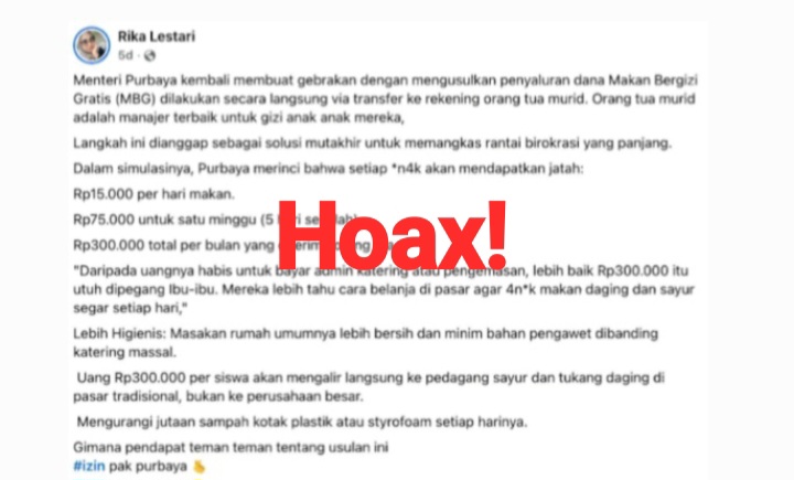 Hoaks: Menkeu Purbaya Bakal Transfer MBG ke Orang Tua Murid Rp300 Ribu Per Bulan